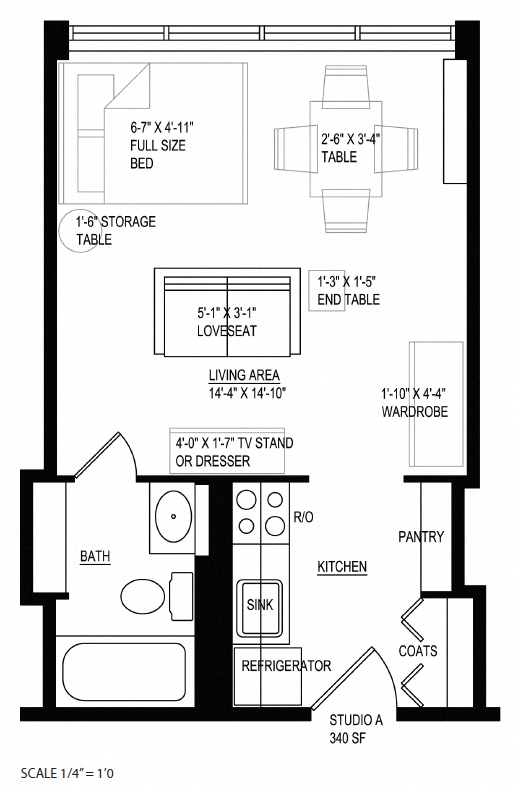 Floor plan for studio, 1 bath, 340 sqft
